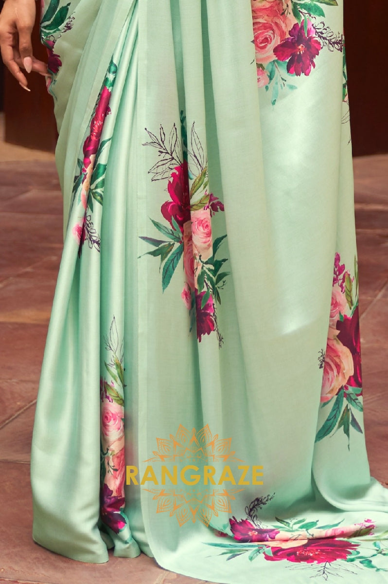 Light Green Floral Print Satin Silk Saree