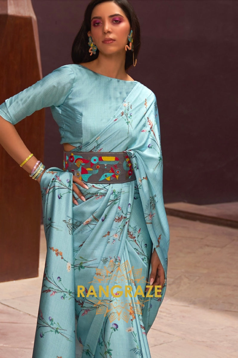 Turquoise Blue Floral Print Satin Silk Saree