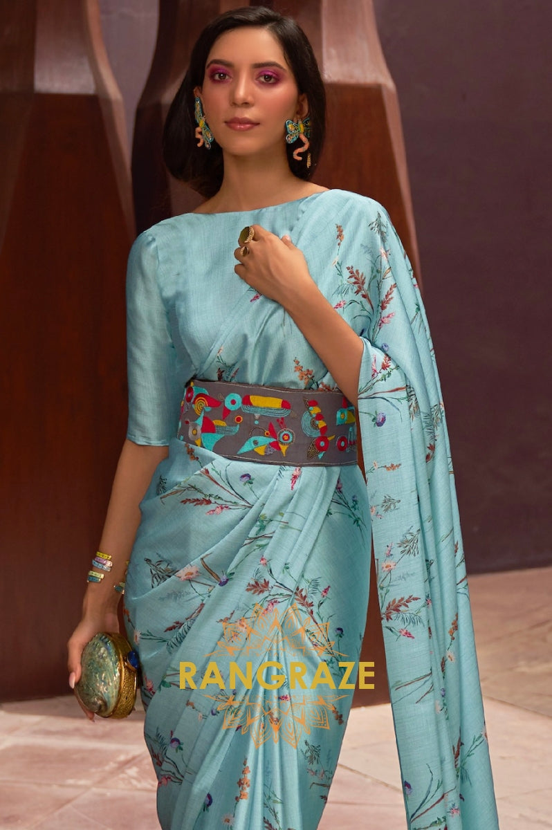 Turquoise Blue Floral Print Satin Silk Saree
