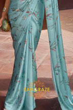 Turquoise Blue Floral Print Satin Silk Saree