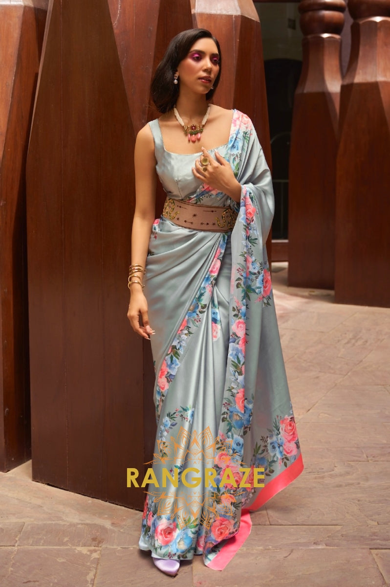 Metal Grey Floral Print Satin Silk Saree