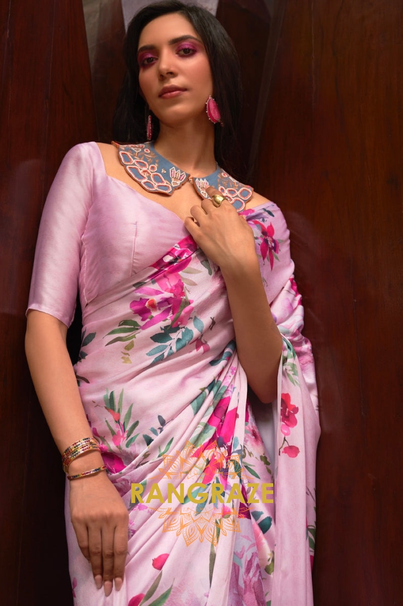 Rose Pink Floral Print Satin Silk Saree