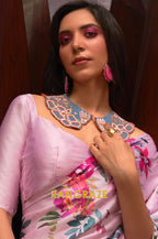 Rose Pink Floral Print Satin Silk Saree