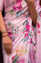 Rose Pink Floral Print Satin Silk Saree