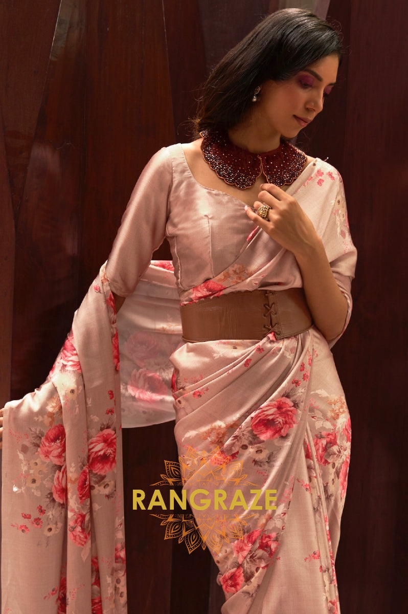 Peach Brown Floral Print Satin Silk Saree