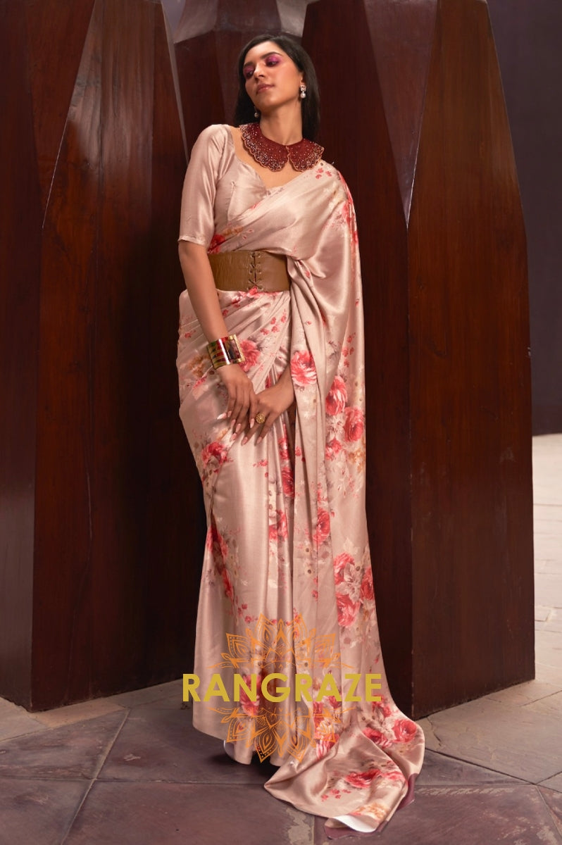 Peach Brown Floral Print Satin Silk Saree