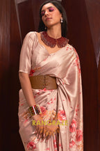 Peach Brown Floral Print Satin Silk Saree