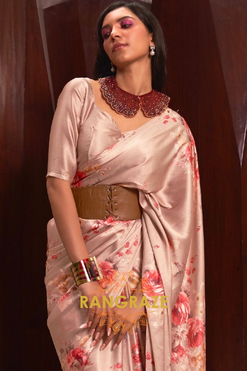 Peach Brown Floral Print Satin Silk Saree