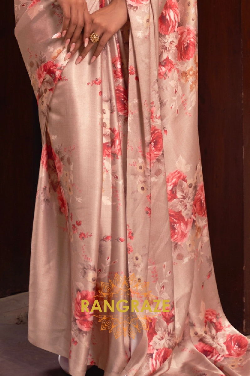Peach Brown Floral Print Satin Silk Saree
