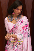 Rose Pink Floral Print Satin Silk Saree