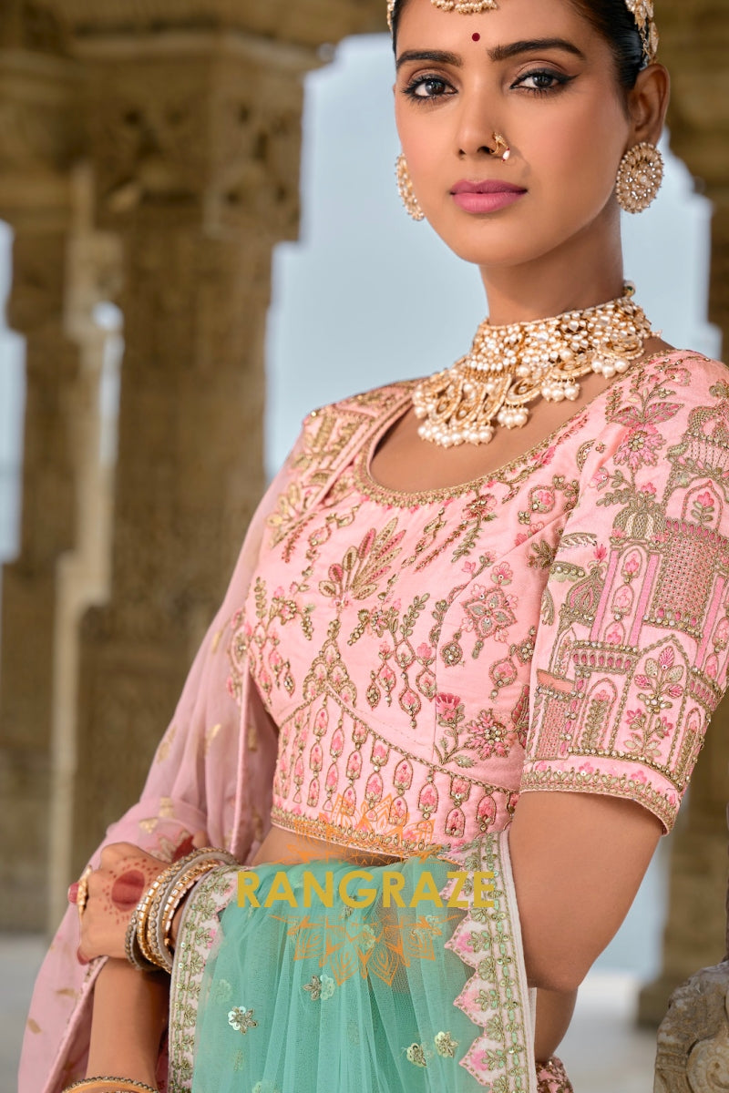 Ethereal Blush Double-Dupatta Bridal Banarasi Silk Lehenga – A Symphony of Elegance and Charm