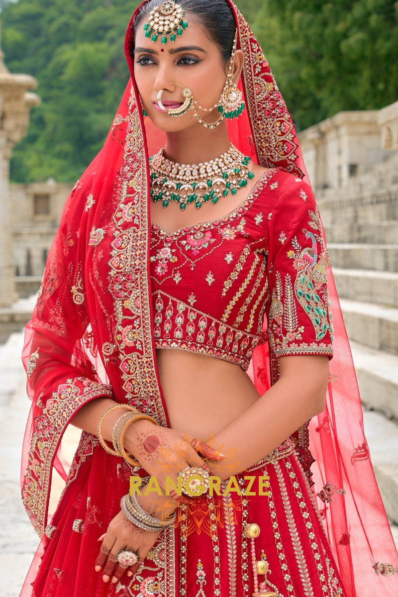 Scarlet Majesty Bridal Banarasi Silk Lehenga with Two Dupattas – A Royal Ode to Bridal Splendor