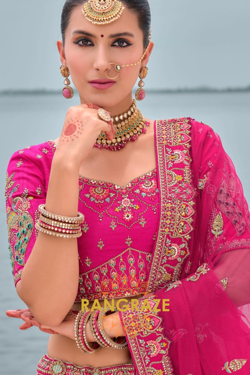 Regal Fuchsia Double-Dupatta Bridal Banarasi Silk Lehenga – A Symphony of Elegance