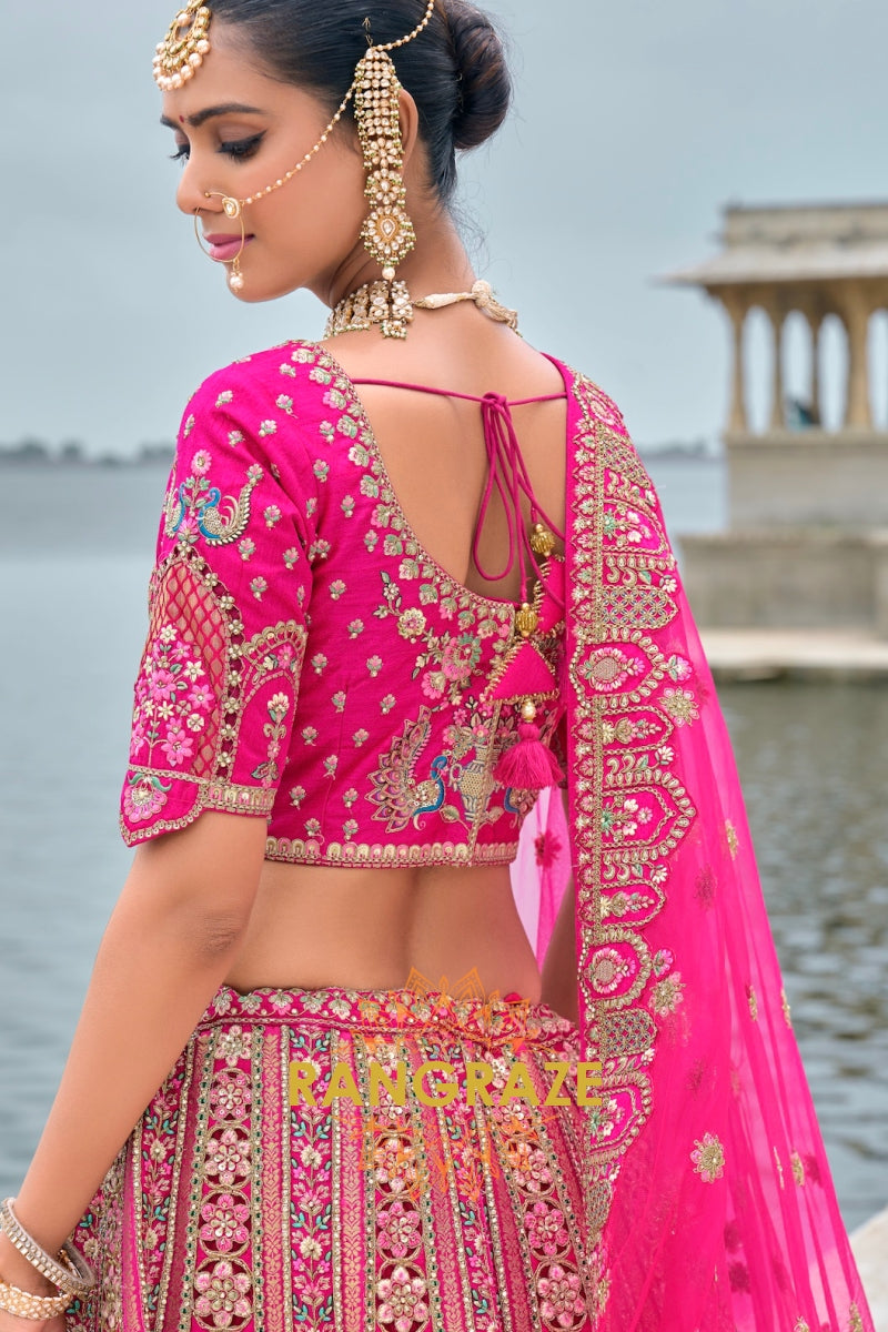 Majestic Fuchsia Double-Dupatta Bridal Banarasi Silk Lehenga – A Symphony of Grace and Tradition