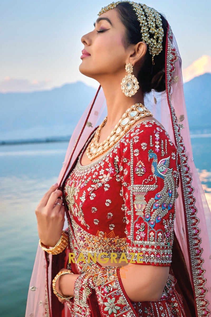 Royal Scarlet Double-Dupatta Bridal Silk Lehenga