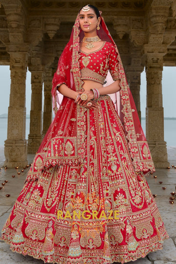 Radiant Ruby Bridal Banarasi Silk Lehenga – Timeless Elegance in Scarlet