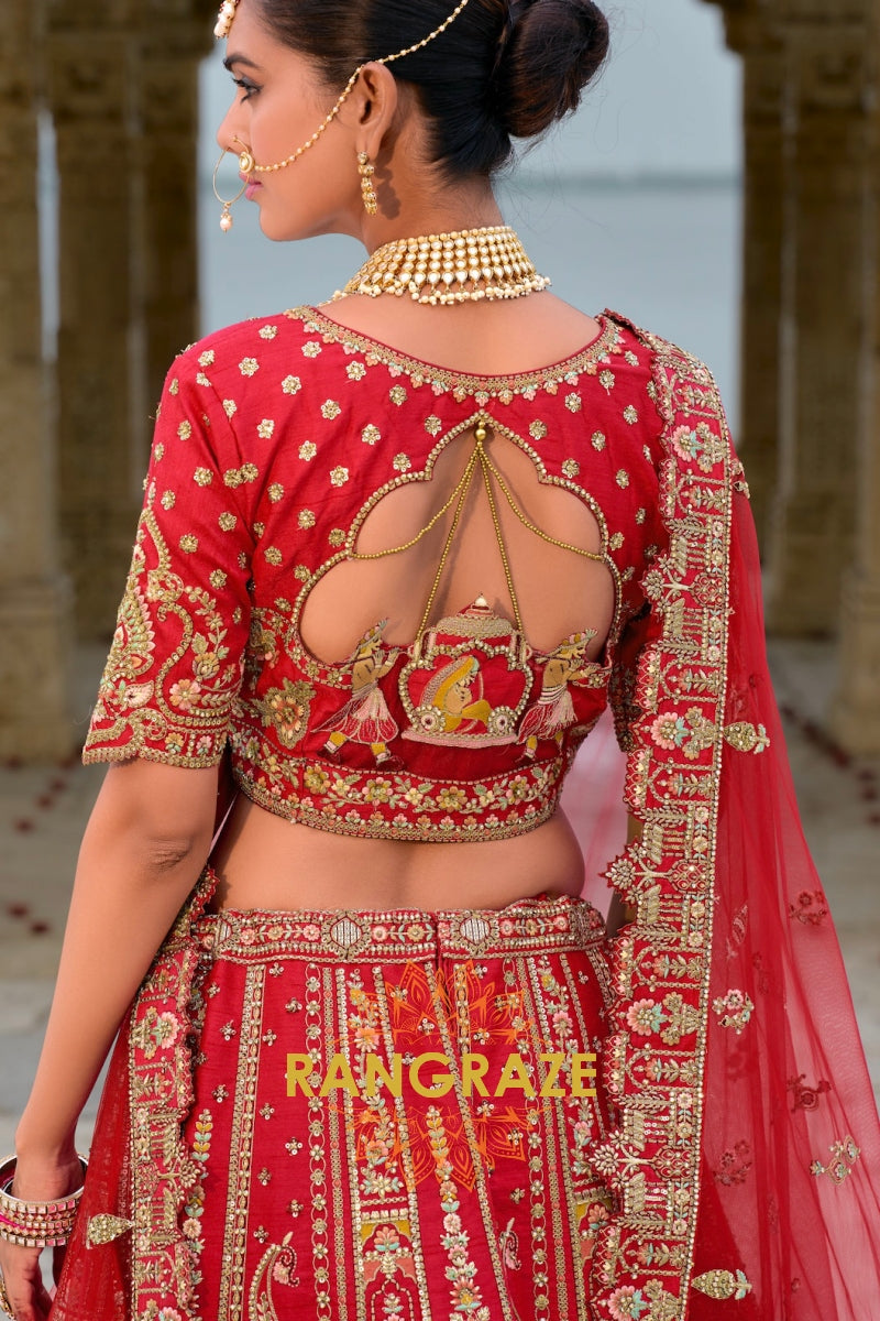 Radiant Ruby Bridal Banarasi Silk Lehenga – Timeless Elegance in Scarlet