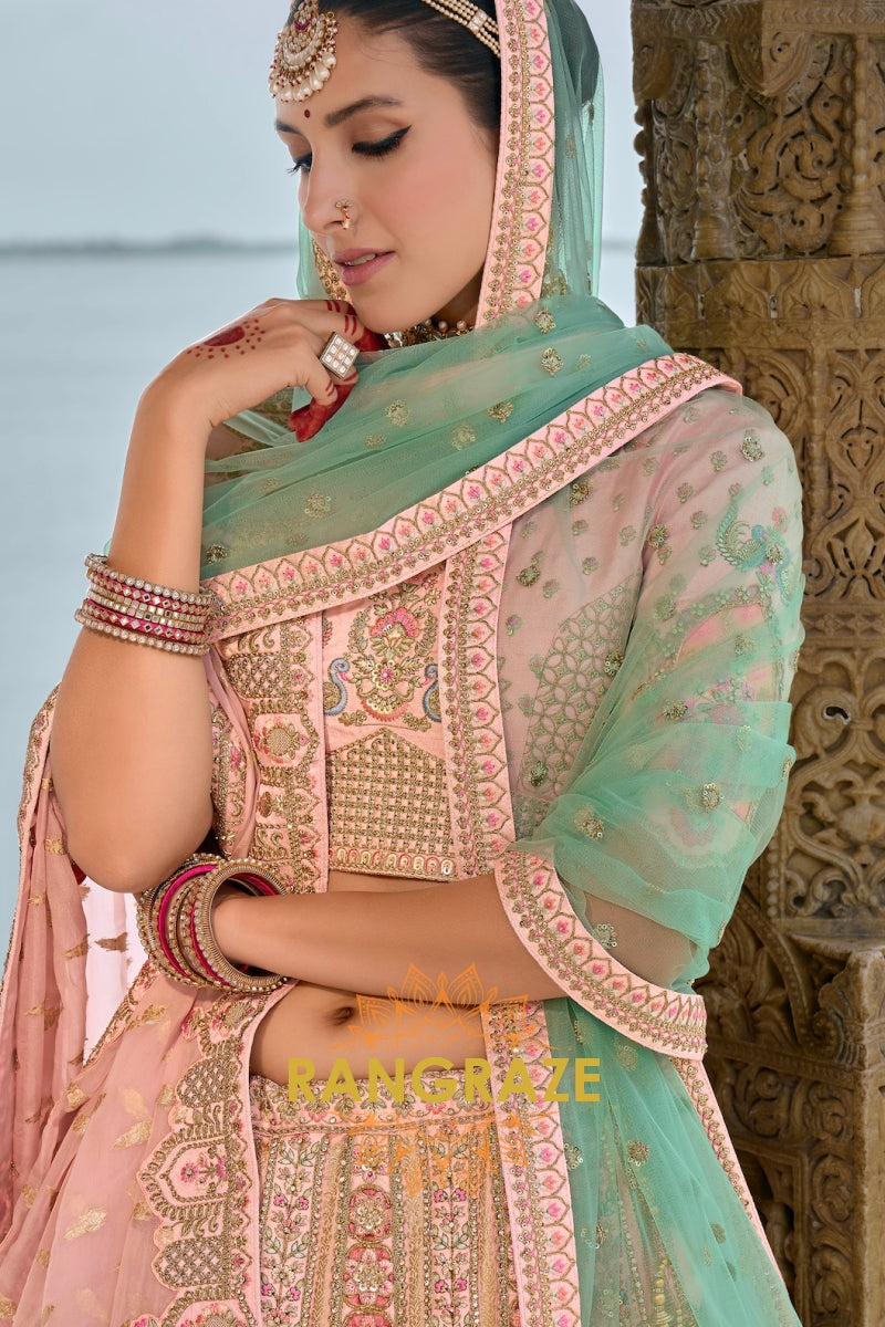 Blush Reverie Bridal Banarasi Silk Lehenga with Two Dupattas – A Symphony of Grace and Glamour