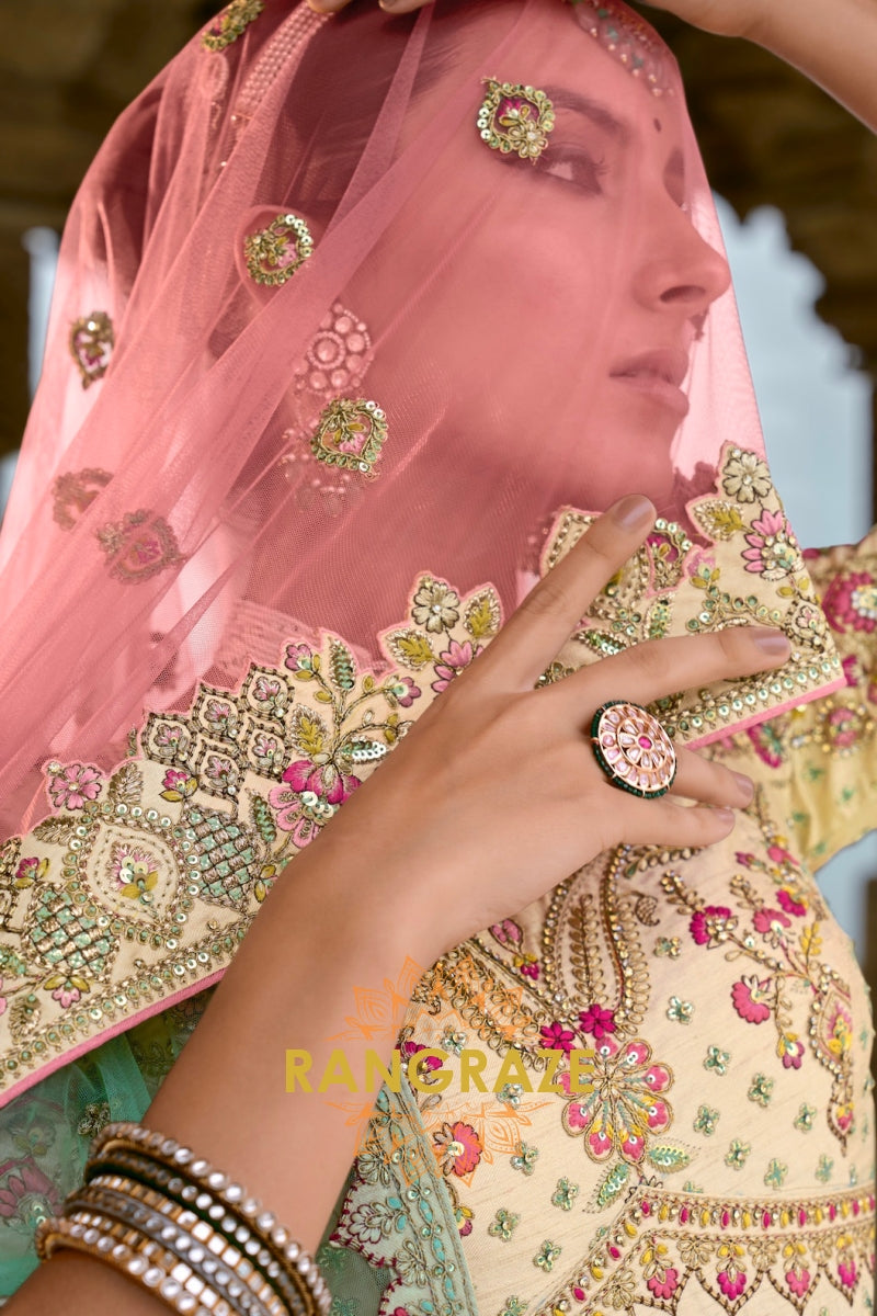 Ivory Splendor Bridal Banarasi Silk Lehenga with Two Dupattas – A Tale of Regal Sophistication