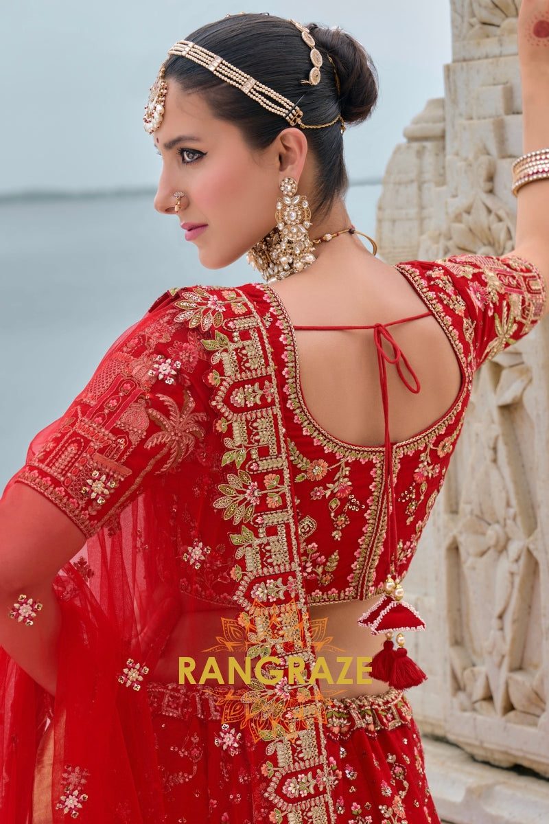 Royal Scarlet Double-Dupatta Bridal Banarasi Silk Lehenga – A Masterpiece of Elegance and Grandeur