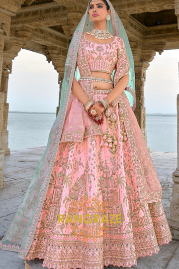 Ethereal Blush Double-Dupatta Bridal Banarasi Silk Lehenga – A Symphony of Elegance and Charm