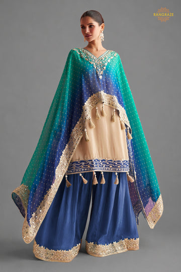 Dual Shade Blue Stitched Mirror Work Kaftaan Suit