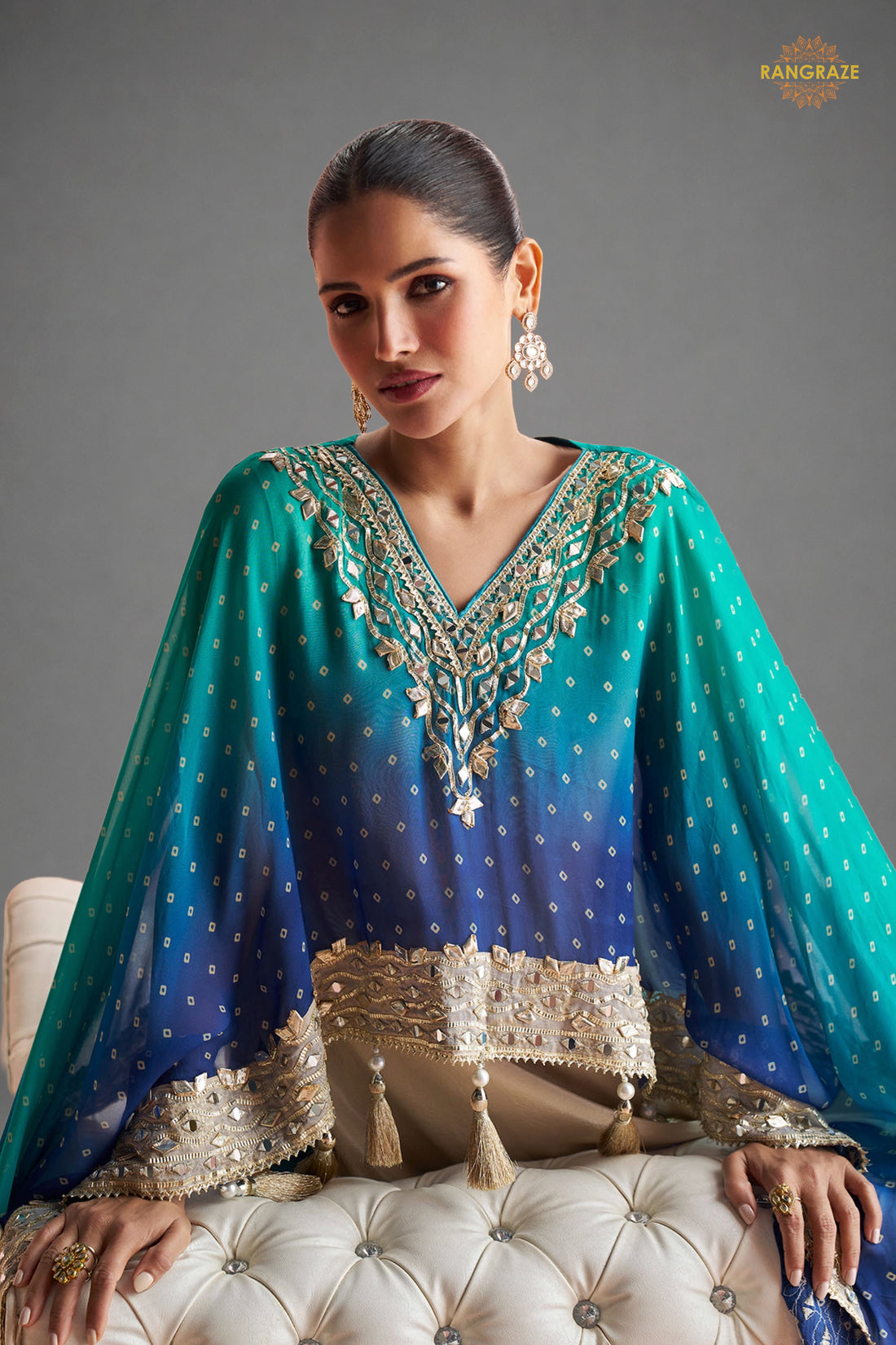 Dual Shade Blue Stitched Mirror Work Kaftaan Suit