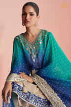 Dual Shade Blue Stitched Mirror Work Kaftaan Suit