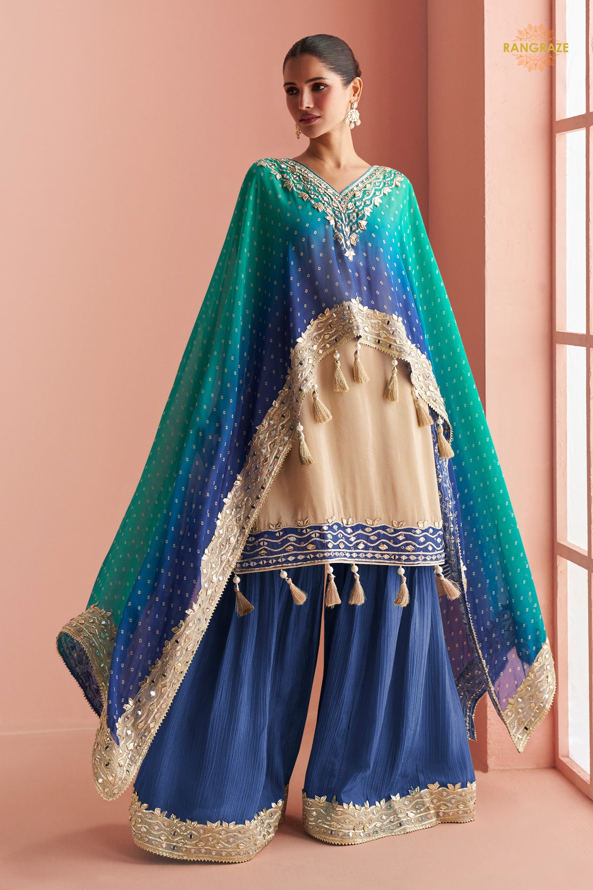 Dual Shade Blue Stitched Mirror Work Kaftaan Suit