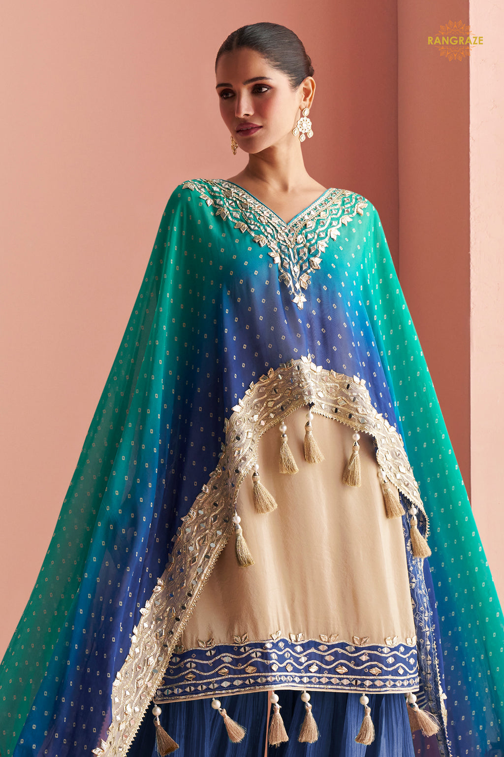 Dual Shade Blue Stitched Mirror Work Kaftaan Suit