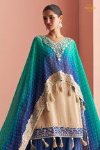Dual Shade Blue Stitched Mirror Work Kaftaan Suit