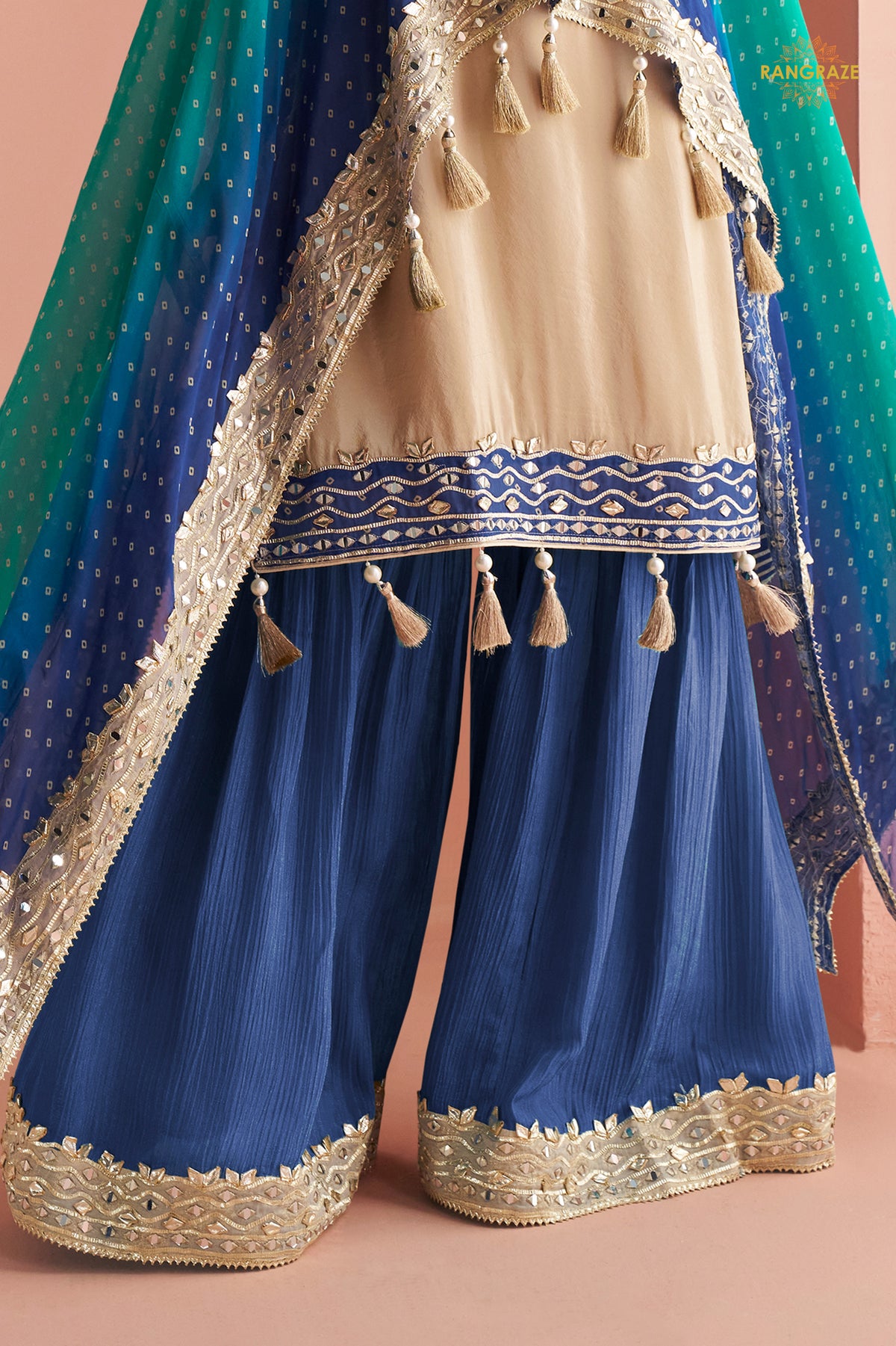 Dual Shade Blue Stitched Mirror Work Kaftaan Suit