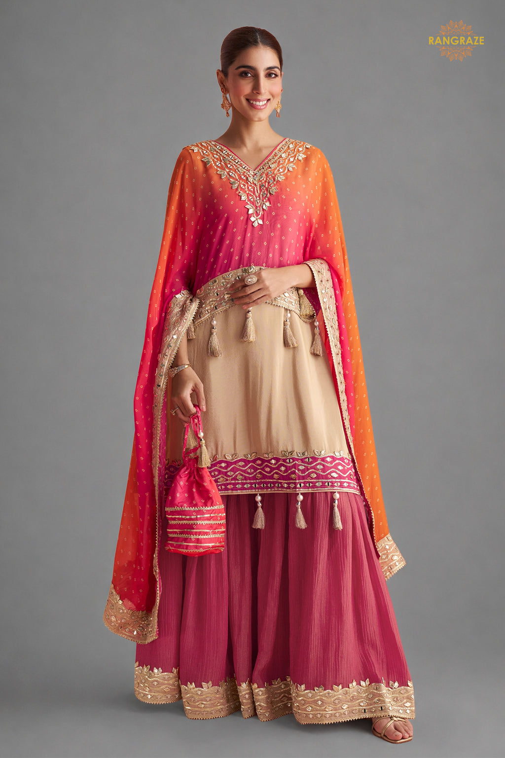 Dual Shade Pink Stitched Mirror Work Kaftaan Suit