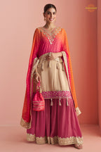Dual Shade Pink Stitched Mirror Work Kaftaan Suit