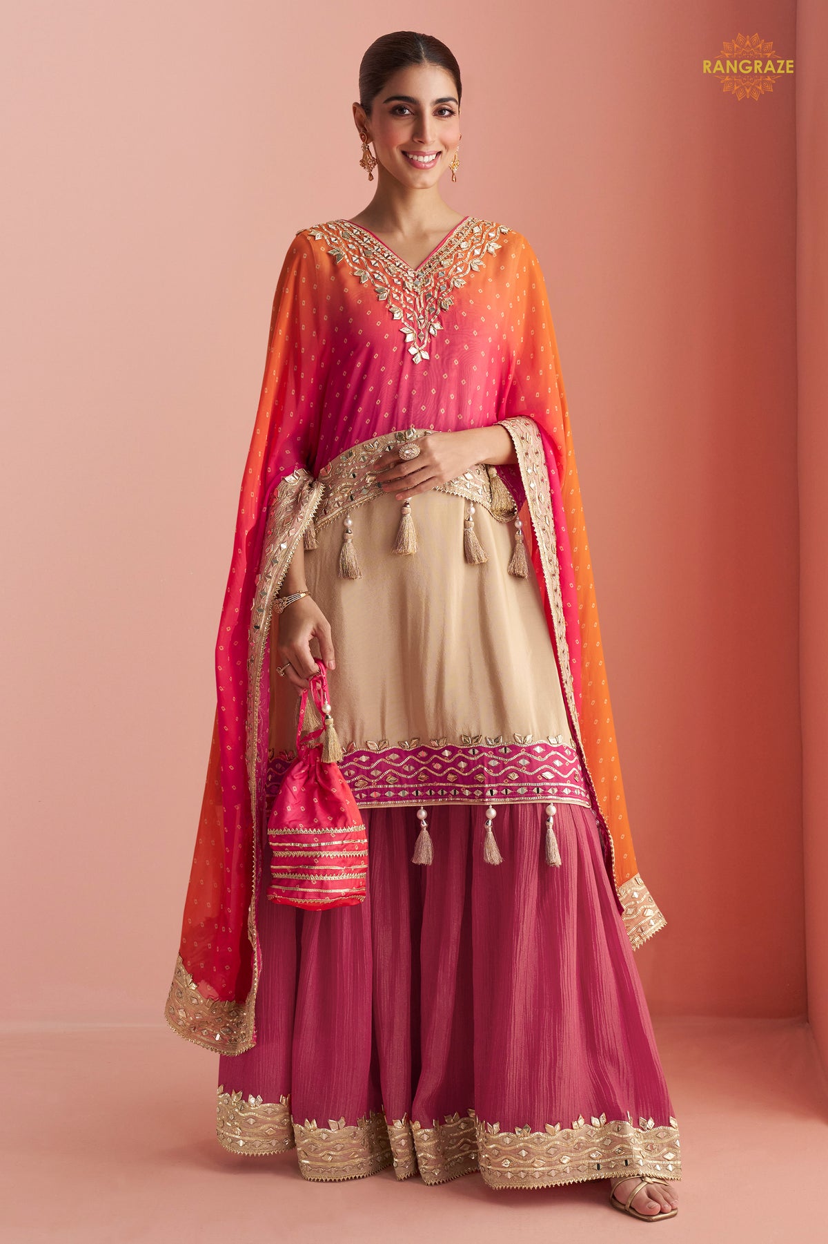 Dual Shade Pink Stitched Mirror Work Kaftaan Suit