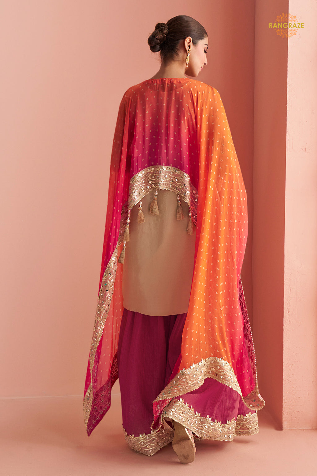 Dual Shade Pink Stitched Mirror Work Kaftaan Suit