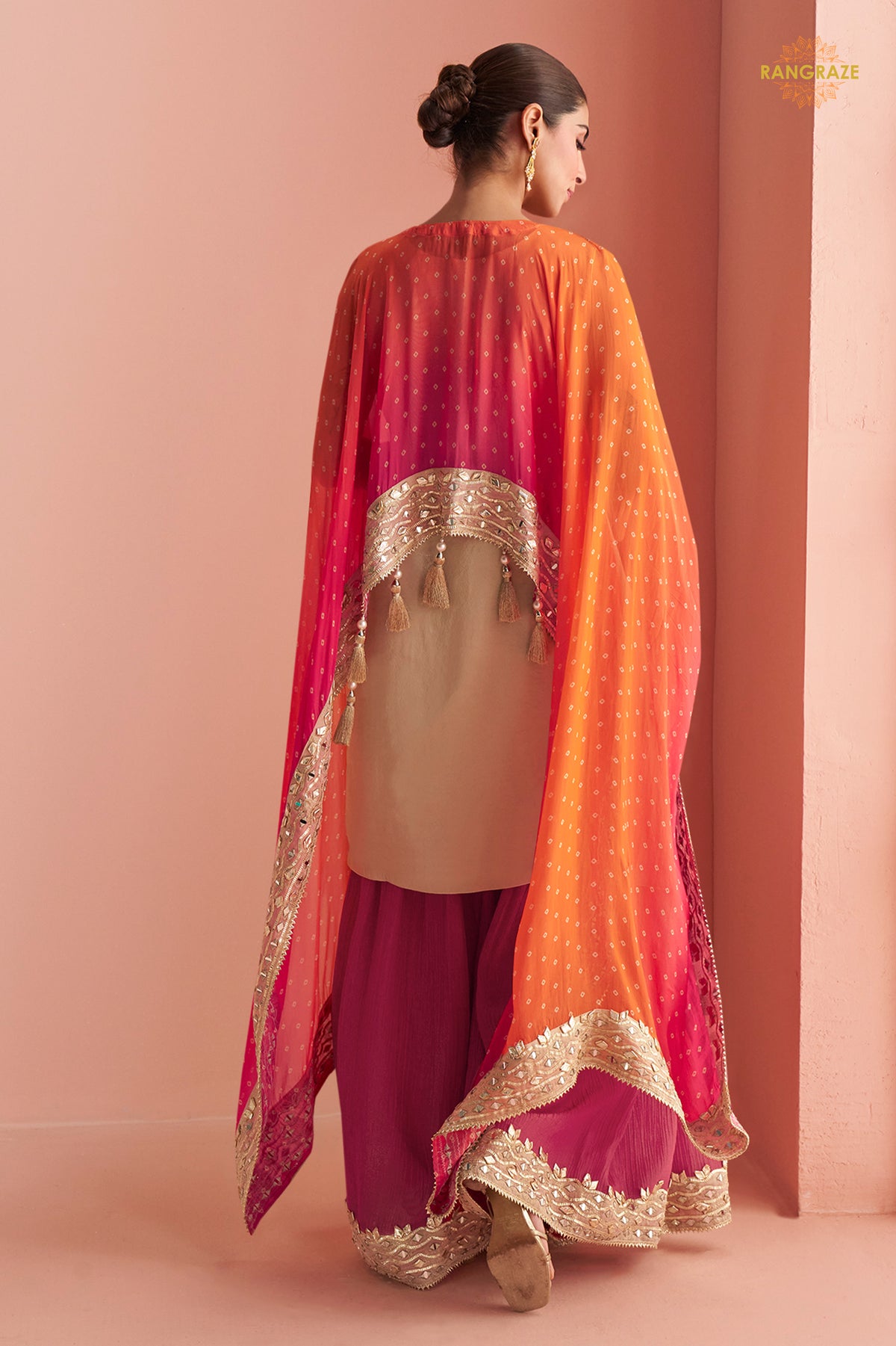 Dual Shade Pink Stitched Mirror Work Kaftaan Suit