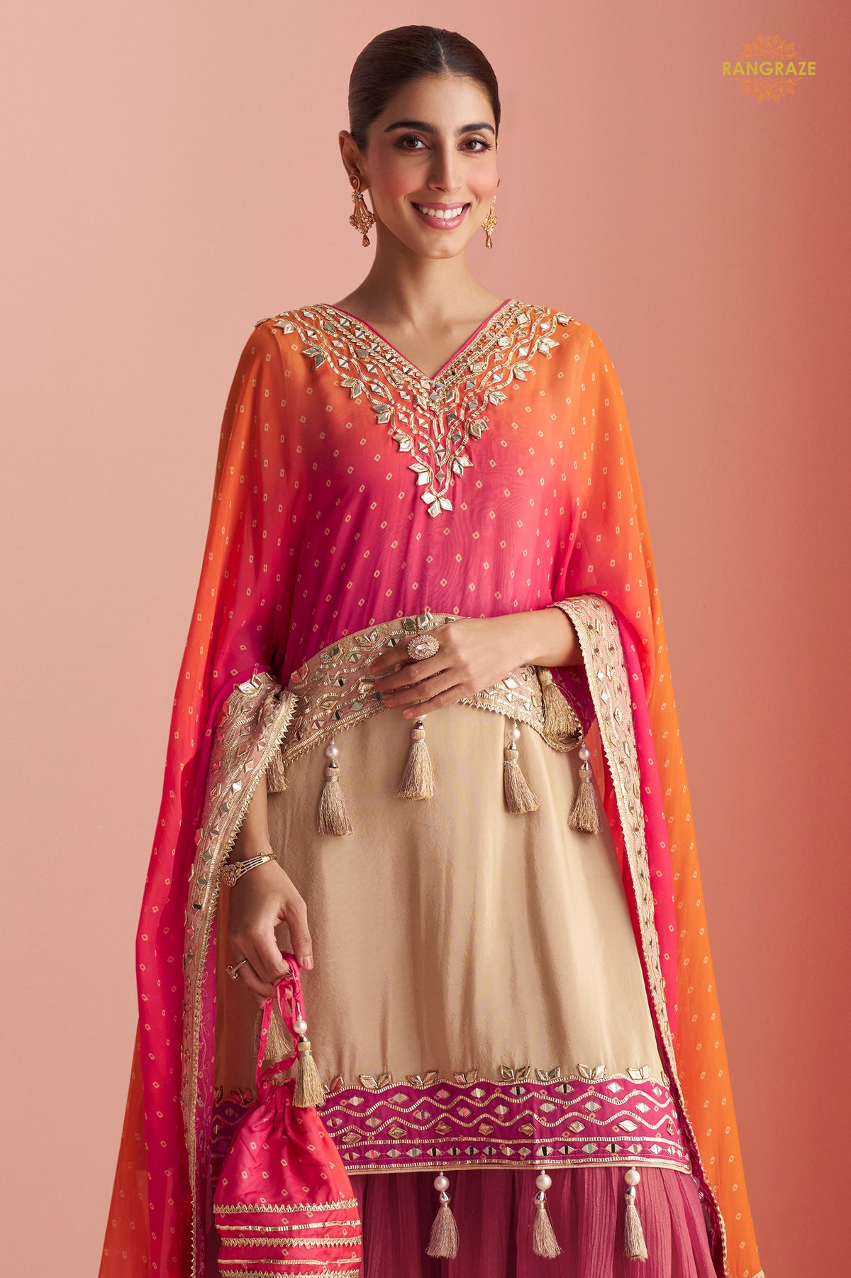 Dual Shade Pink Stitched Mirror Work Kaftaan Suit