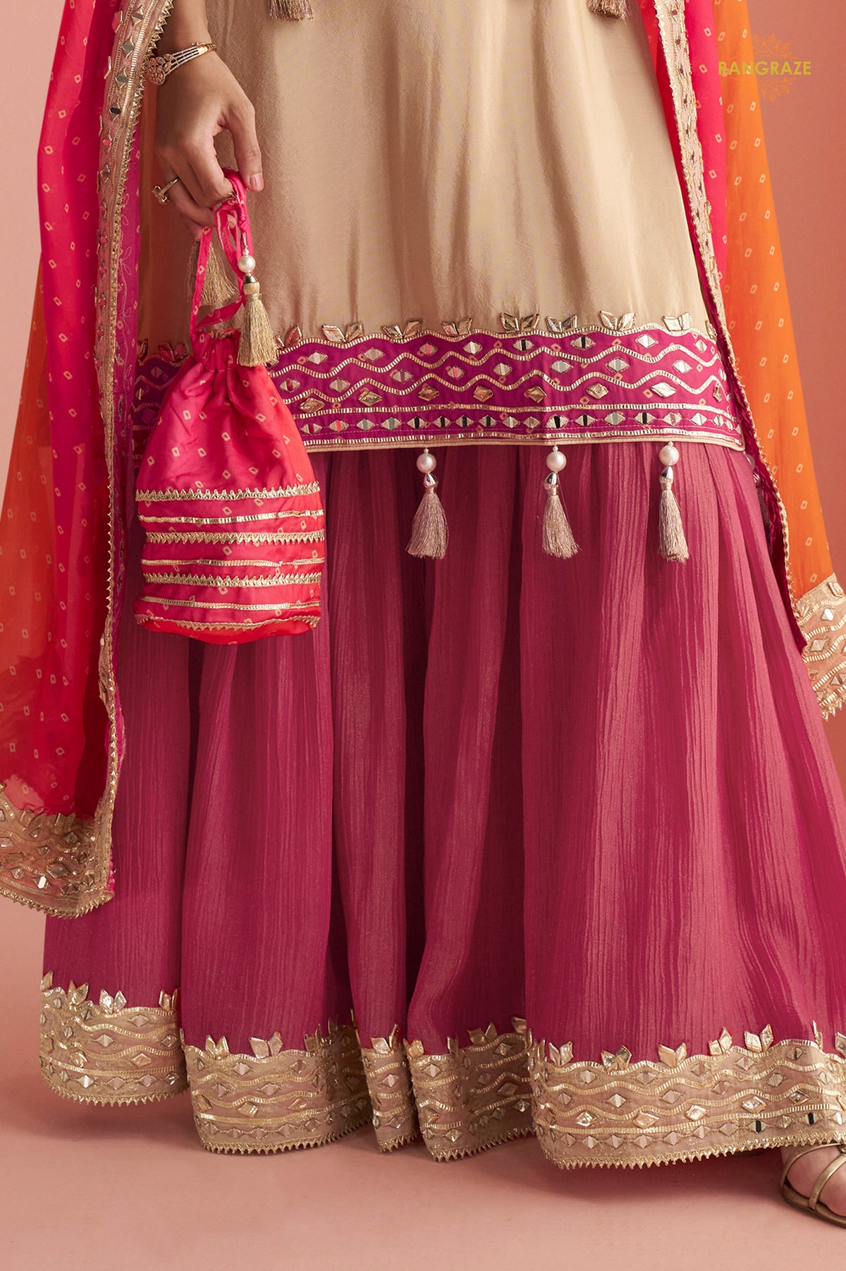 Dual Shade Pink Stitched Mirror Work Kaftaan Suit
