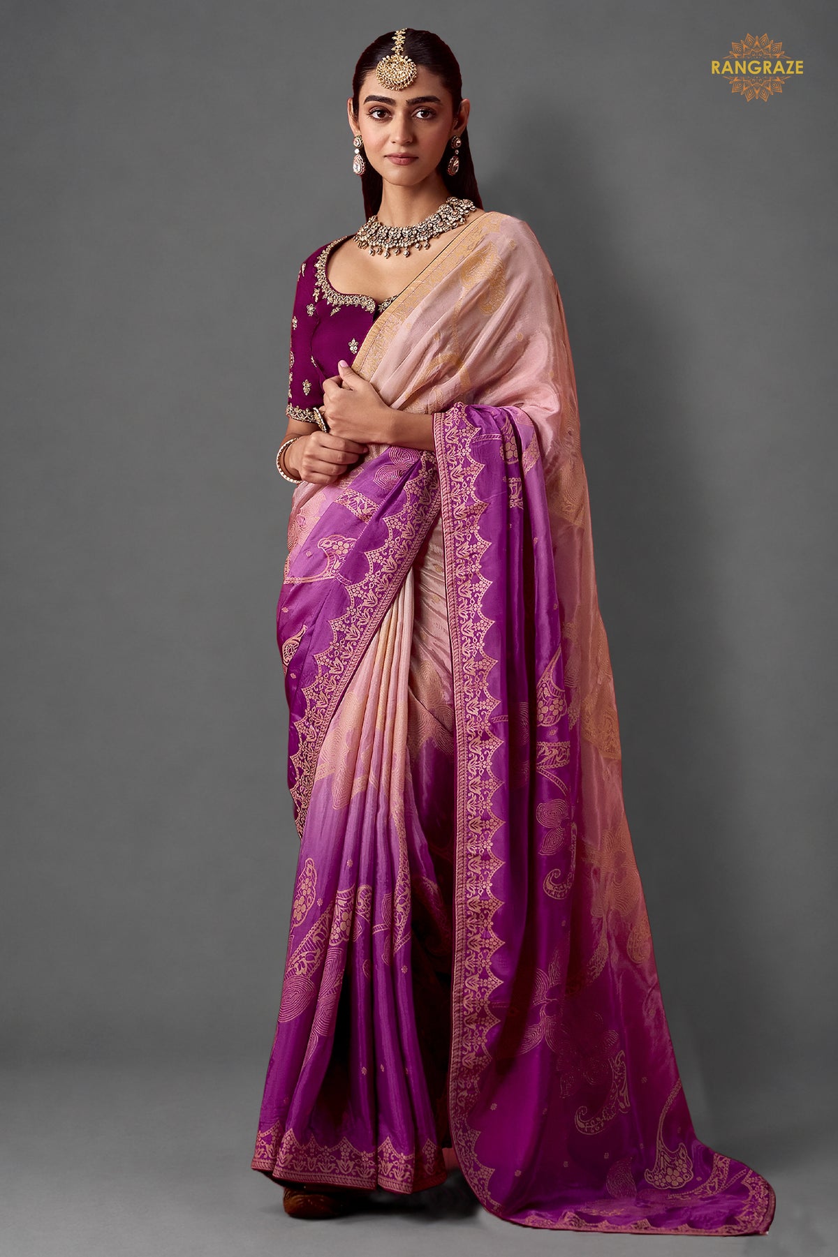 Dual Tone Purple Ombre Woven Dola Crape Soft Silk