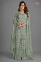 Dusty Grey Stitched Embroidered Net Palazzo Suit
