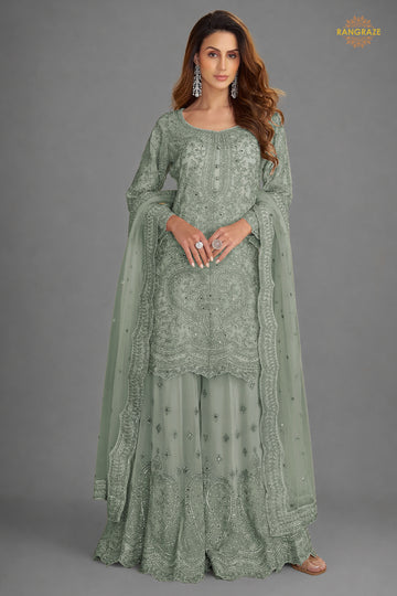 Dusty Grey Stitched Embroidered Net Palazzo Suit