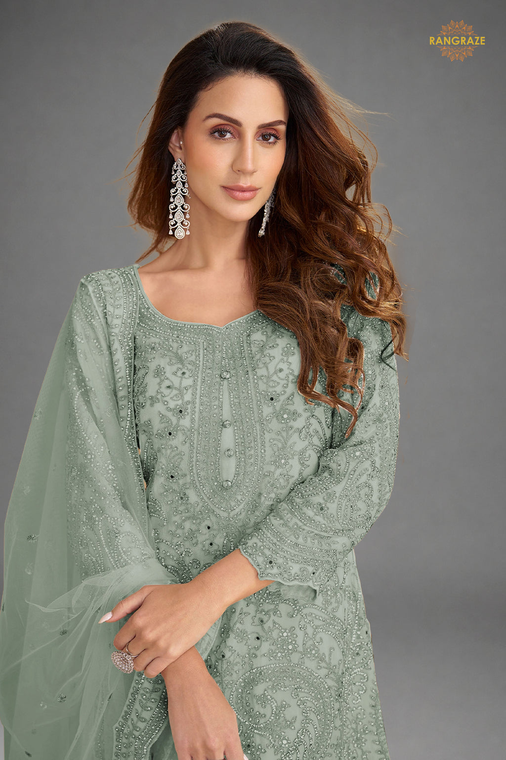 Dusty Grey Stitched Embroidered Net Palazzo Suit