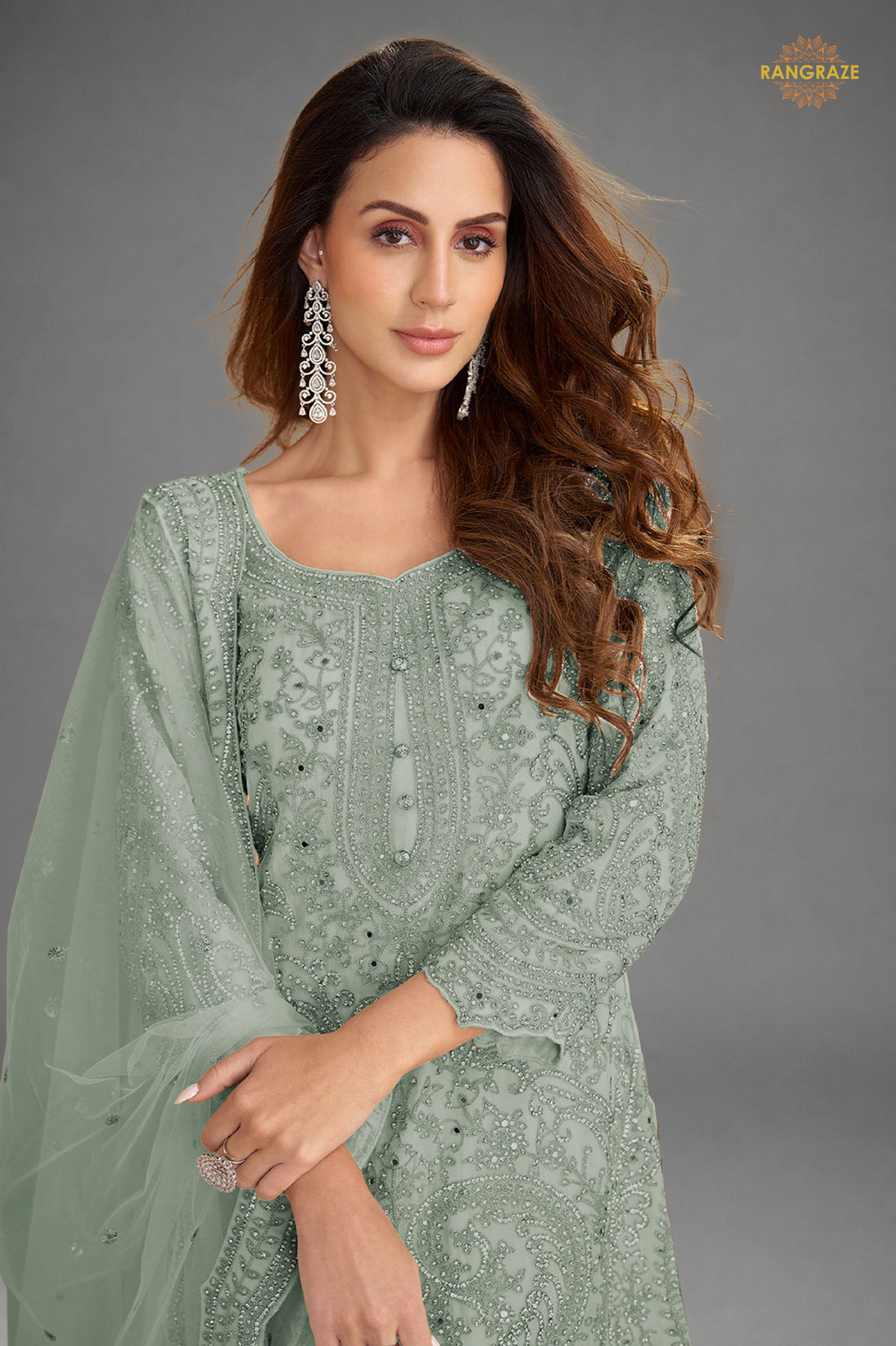 Dusty Grey Stitched Embroidered Net Palazzo Suit