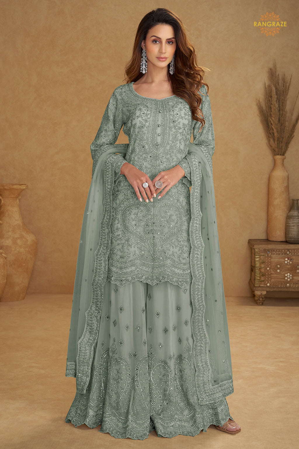 Dusty Grey Stitched Embroidered Net Palazzo Suit