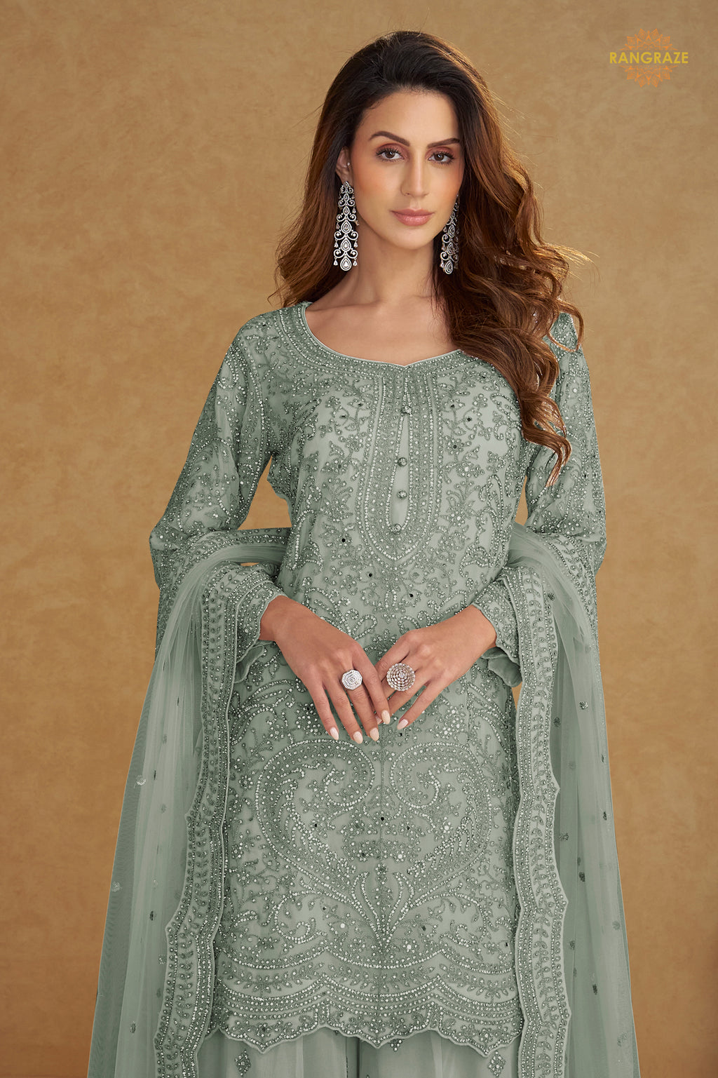 Dusty Grey Stitched Embroidered Net Palazzo Suit
