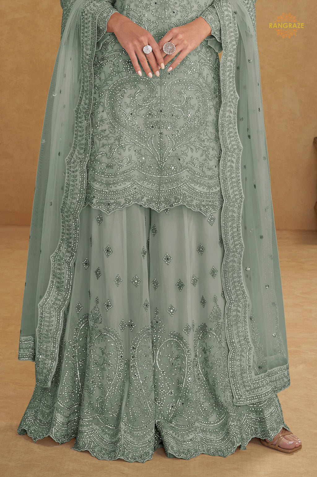 Dusty Grey Stitched Embroidered Net Palazzo Suit