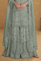 Dusty Grey Stitched Embroidered Net Palazzo Suit