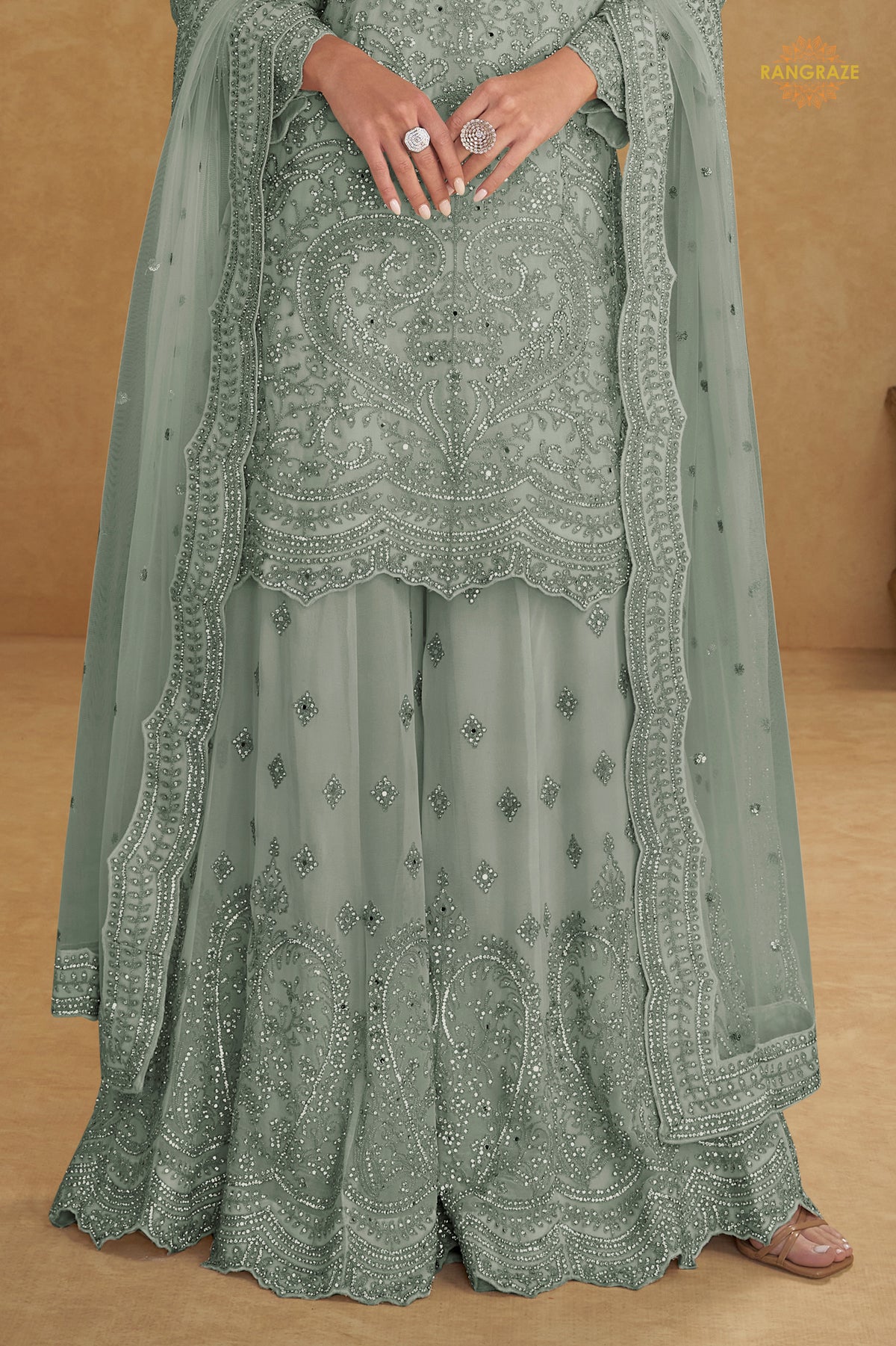 Dusty Grey Stitched Embroidered Net Palazzo Suit
