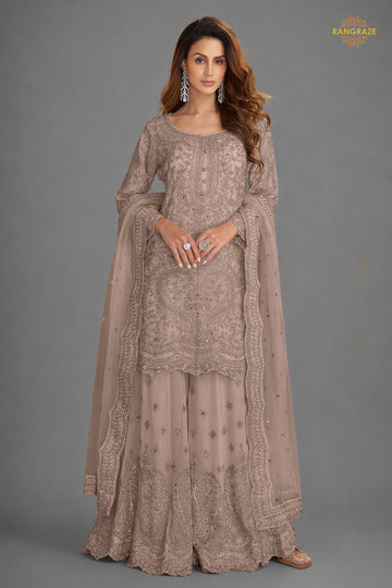 Dusty Mauve Stitched Embroidered Net Palazzo Suit
